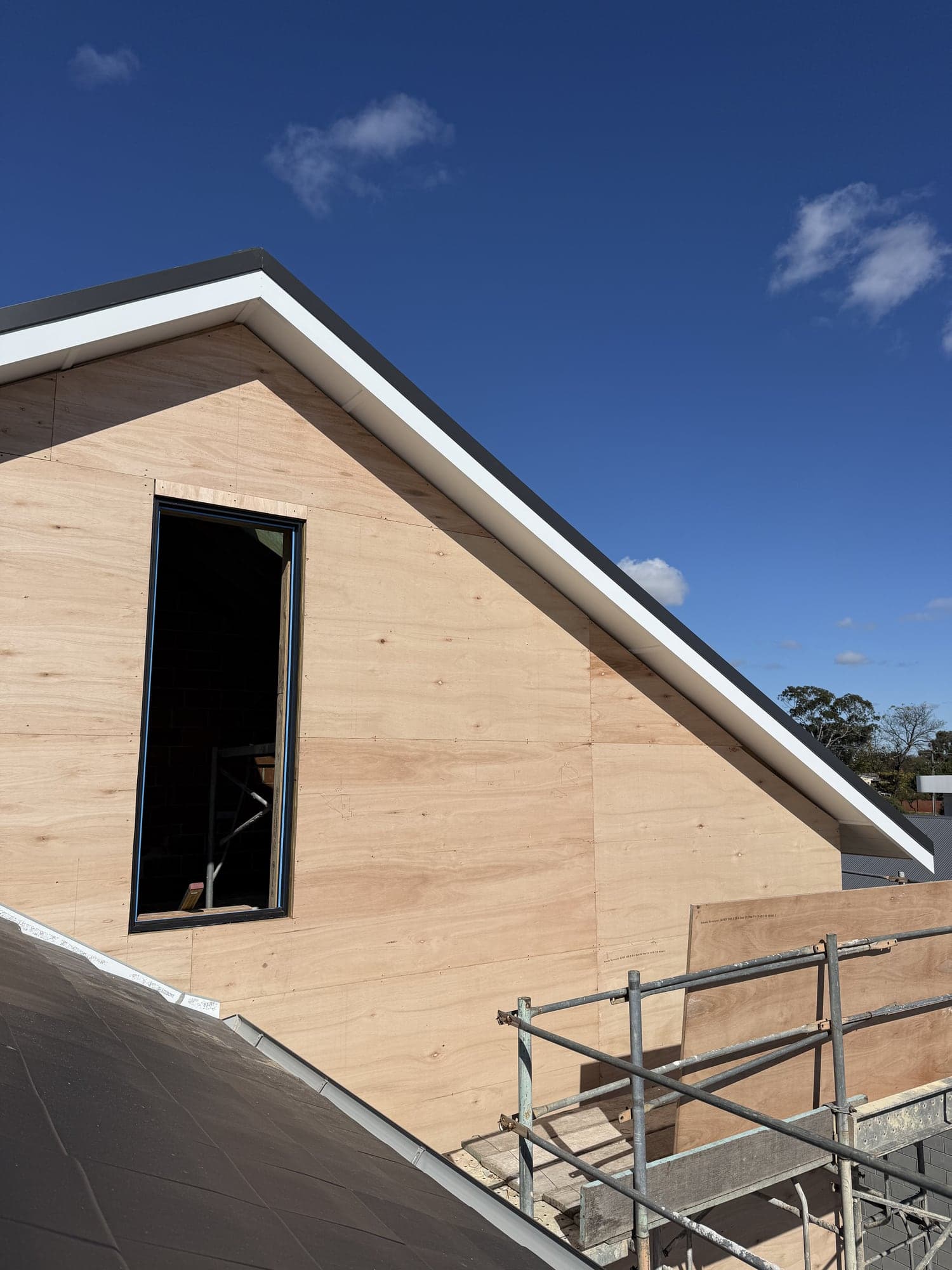 Plywood on a gable before standing seam cladding, Ascot, Perth
